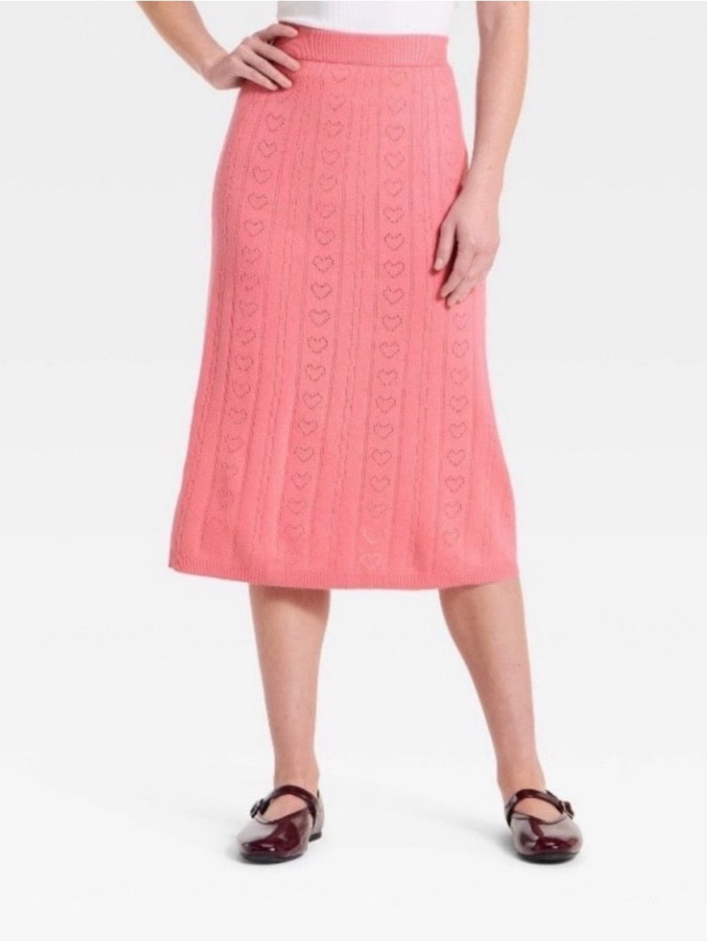 a new day Pink Knit Midi Skirt with Heart Cable Detail